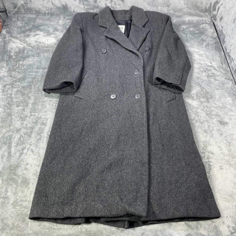 Vintage Jones New York JNY Coat Charcoal Gray 100% Wool Double Trench Coat L/XL
